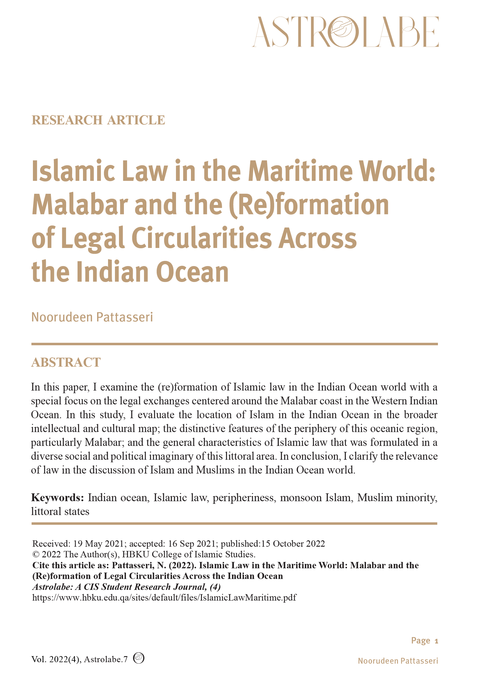 Islamic Law in the Maritime World: Malabar and the (Re)formation of Legal Circularities Across the Indian Ocean