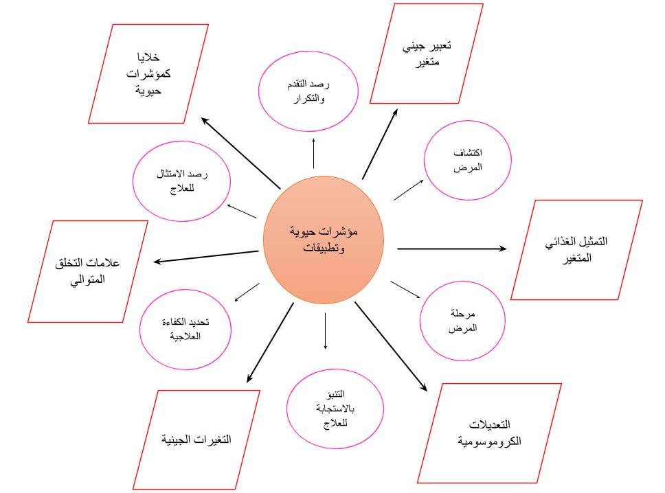 الشكل (2) عرض تخطيطي للعلامات الحيوية شائعة الاستخدام (الصناديق) وتطبيقاتها (الدوائر الوردية). الشكل (2) عرض تخطيطي للعلامات الحيوية شائعة الاستخدام (الصناديق) وتطبيقاتها (الدوائر الوردية).