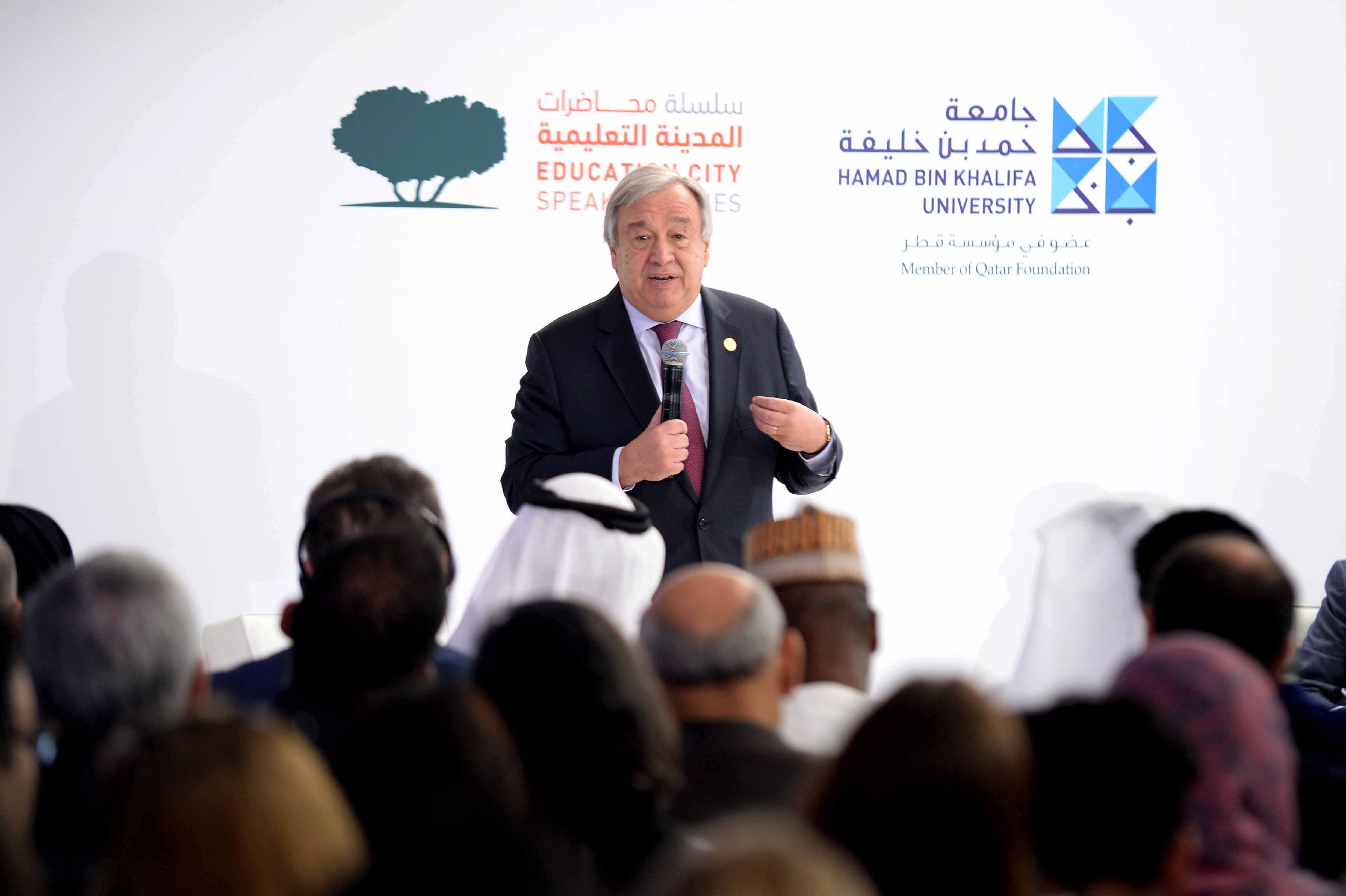 Her Highness Sheikha Moza bint Nasser Attends Lecture by UN Secretary-General Hosted by Hamad Bin Khalifa University