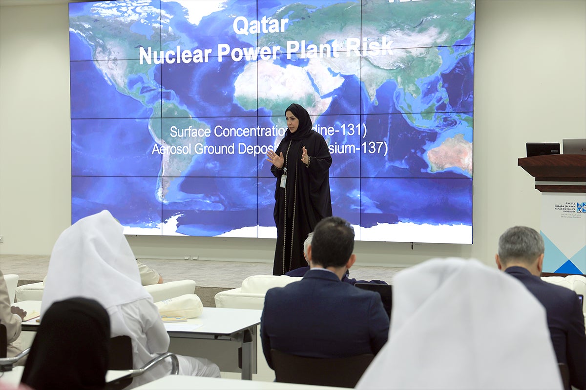 Dr. Huda Al-Sulaiti, Senior Research Director, Natural and Environmental Hazards Observatory, QEERI, presenting her team’s research to stakeholders in attendance.