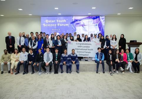 HBKU OVPR staff and student participants congratulating the winning teams who will be representing Qatar at the 64th International Youth Science Forum.