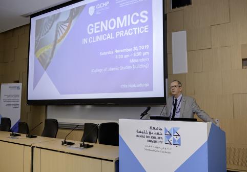 Dr. Edward Stuenkel, Dean of the College of Health and Life Sciences, part of Hamad Bin Khalifa University, speaking at the symposium.