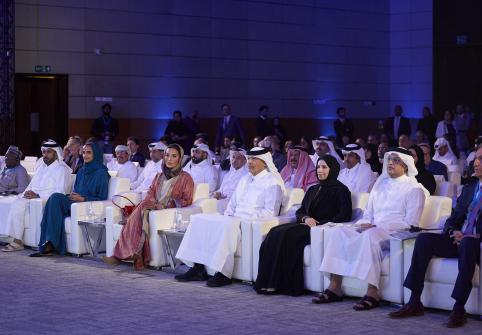 Her Highness Sheikha Moza bint Nasser, Her Excellency Sheikha Hind bint Hamad Al Thani, Vice Chairperson and CEO of QF and Chairperson of HBKU’s Board of Trustees, and other high-level guests witness the reveal of the Institute’s mission, logo, and Advisory Board.