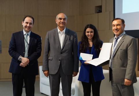 Safae Bouyahyaoui, MA in Intercultural Communication (second from right), receives the first place award from HBKU CHSS faculty.