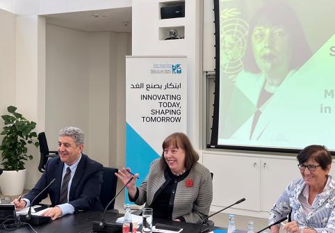Dr. Sultan Barakat (left), Virginia Gamba (center) and Dean Susan Karamanian are pictured during the event.